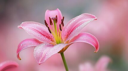 Fototapeta premium Tiny Water Droplets Glistening on Vibrant Pink Lily Petals in Soft Bokeh Background