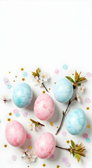 Fototapeta premium Pastel Easter Eggs Spring Flowers Festive Decor Holiday Celebration Springtime Happiness Pastel Colors Easter Bunny Decorations Easter Eggs Hunt Spring Blossoms White Background Happy Easter