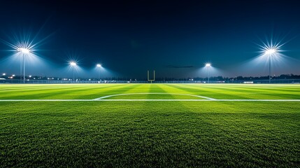 Vast football field under bright night lights, dramatic view from ground level with atmospheric glow, capturing the excitement and intensity of an evening match in a sports stadium.