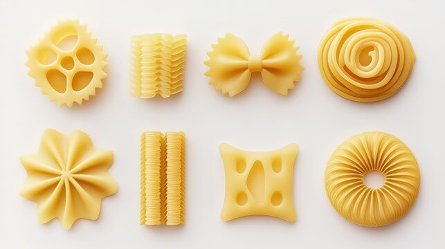Arrangement of Various Pasta Shapes on a Clean White Background