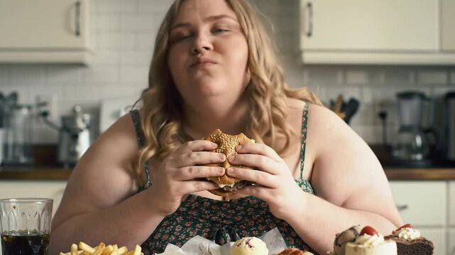 Overweight woman indulges in a burger binge with fries, cakes, and soda at a table