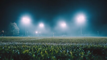 Vast football field under bright night lights, dramatic view from ground level with atmospheric glow, capturing the excitement and intensity of an evening match in a sports stadium.