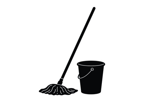 Mop and bucket silhouette. This image shows a black and white design of a mop with bristles and a bucket, used for cleaning floors and household sanitation. Vector clipart illustration design.