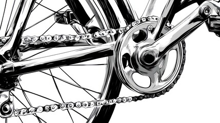 Obraz premium Detailed monochrome illustration of bicycle's rear wheel, chain, and crankset