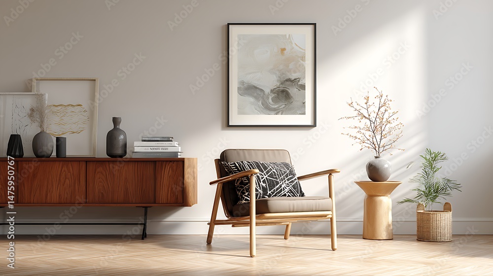 Poster contemporary living room with wooden side table, sparse furnishings, and art frame, art and print mo
