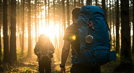 Sunrise Hike Through Majestic Pine Forest Couple Adventure Backpackers Trekking Nature Woods