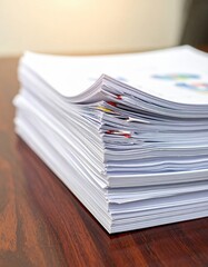 A neatly organized stack of white papers sits on a polished wooden table, with a soft light illuminating the crisp edges and subtle textures.
