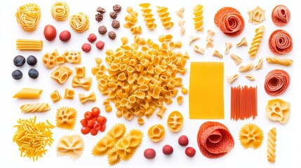 Artistic presentation showcasing diverse pasta shapes, complemented by cheese and salami