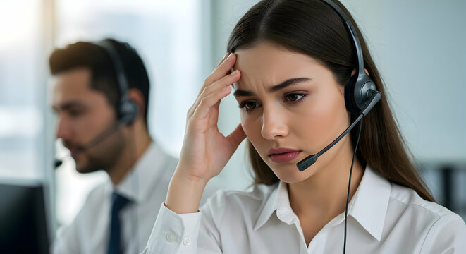 Stressed Customer Service Representative Headset Support Tired Employee Work Overload