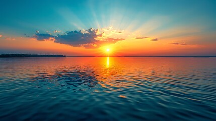 Sunset Over Calm Water Reflecting Orange And Blue Hues With Dramatic Light And Clouds
