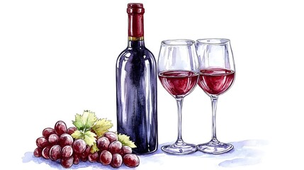 Fototapeta premium Hand-drawn illustration of wine bottle, grapes, and two glasses.
