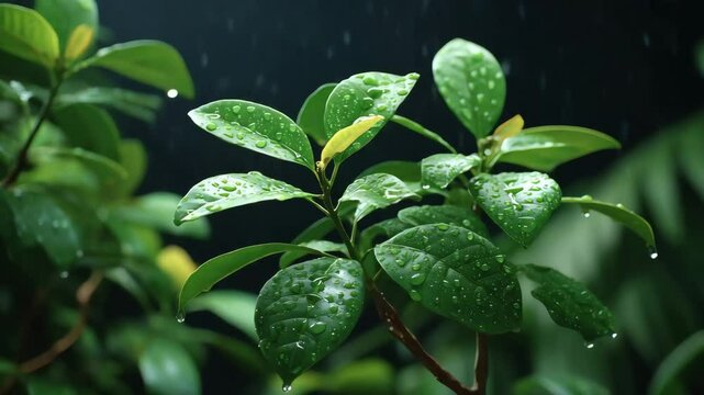 Close-up of green leaves with raindrops glistening on them. The dark background creates a sense of mystery and intrigue. This image is perfect for representing growth, renewal.