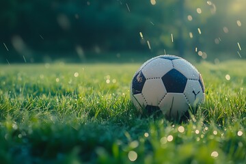 Fototapeta premium A close up view of a soccer ball covered with raindrops resting on a lush green field