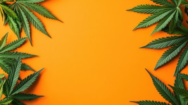 Lush green cannabis leaves create a natural frame against a vibrant, solid orange colored background now.