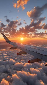 an airplane wing soaring through a breathtaking sunset above a sea of clouds. Witness the mesmerizing view from a plane window as the sun kisses the horizon