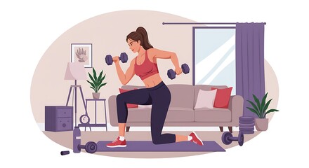 Home Fitness: Woman Exercising with Dumbbells in Living Room