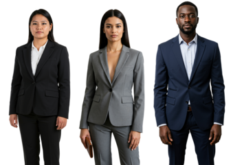 Diverse group of three professional business people, including an Asian woman, a South Asian woman, and a Black man, standing in suits against a transparent background.