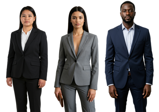 Diverse group of three professional business people, including an Asian woman, a South Asian woman, and a Black man, standing in suits against a transparent background. - Powered by Adobe