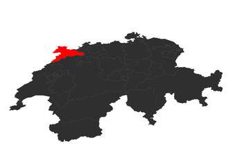 red colored vector silhouette of the location map of the canton of jura in the country of zwitzerland