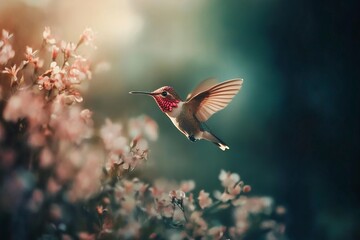 Fototapeta premium Photograph of a hummingbird with a pink and red head, flying over flowers, with a shallow depth of field, a close-up shot, and a blurred background.generative ai
