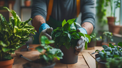 Fototapeta premium Person Repotting a Plant in a Gardening Workshop