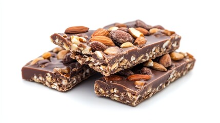 Chocolate Nut Energy Bars Stacked on White Background for Healthy Snacking