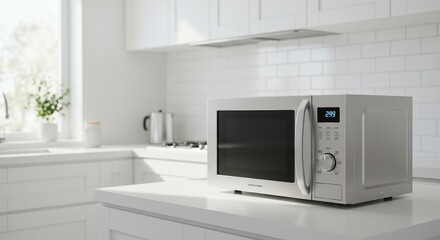 Bright Modern Kitchen Interior Featuring Stylish Microwave Appliance on Countertop, Focused on Clean Design and Functionality for Culinary Convenience
