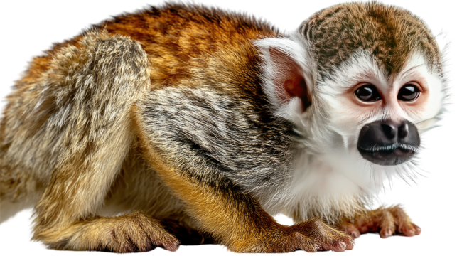 Squirrel Monkey Portrait: A captivating close-up portrait of a squirrel monkey, showcasing its unique blend of alertness and gentle curiosity, with a focused gaze.