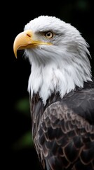 Fototapeta premium Close-up of an American bald eagle, showcasing its striking plumage and piercing gaze against a dark background