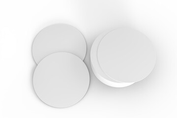 Round drink or beer coaster mockup set, isolated on background. Protection bierdeckel for beer glasses, bottle, can, cup holder. Empty bottle coaster lying template for beverage branding. 3d render