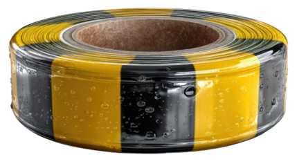 Yellow and Black Hazard Tape: A roll of hazard tape, its alternating yellow and black stripes a stark warning against potential danger, is presented with meticulous detail.