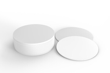 Round drink or beer coaster mockup set, isolated on background. Protection bierdeckel for beer glasses, bottle, can, cup holder. Empty bottle coaster lying template for beverage branding. 3d render