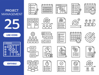 Project Management Line Icon Set. Includes 25 editable vector icons such as project plan, Gantt chart, task, deadline, sprint, milestone, agile, time tracking, change request, QA testing, and more.