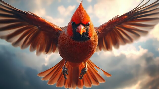 A red bird with fiery eyes and puffed-up feathers, ready to launch into action against a bright, stormy sky.