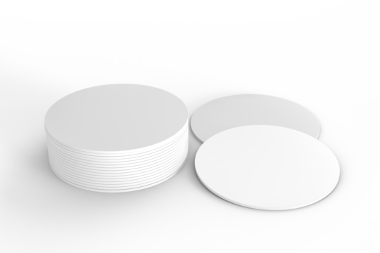 Round drink or beer coaster mockup set, isolated on background. Protection bierdeckel for beer glasses, bottle, can, cup holder. Empty bottle coaster lying template for beverage branding. 3d render