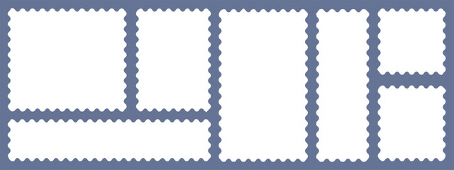 Postage stamp borders set vector. Wavy edge frame or shape. Set of frames in shape of squares and rectangles of various sizes with zigzag edges