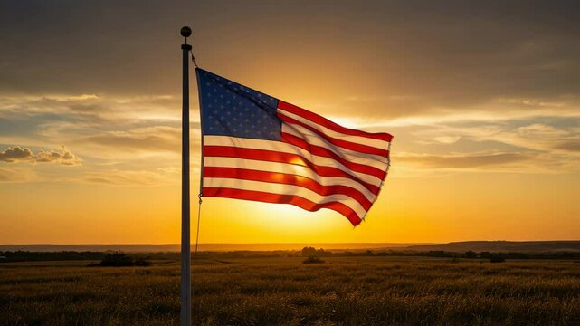 President, American USA flag waving in the wind against sunset in nature outdoor background. Concept of 4th of July, Memorial Day, Independence Day, Veterans Day, American Celebration, Patriots, Labor