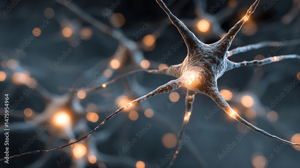 Poster Conceptual abstraction of brain neurons, insight concept, portrait with selective focus and copy space