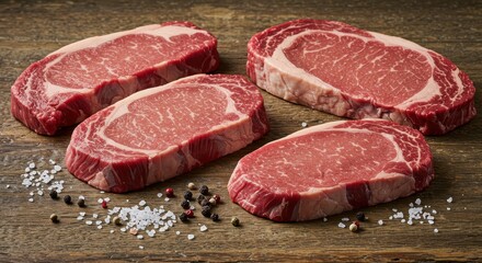 Fresh Cuts of Ribeye Steak Styled on Rustic Wooden Table with Sea Salt and Black Pepper for Culinary Inspiration and Gourmet Cooking