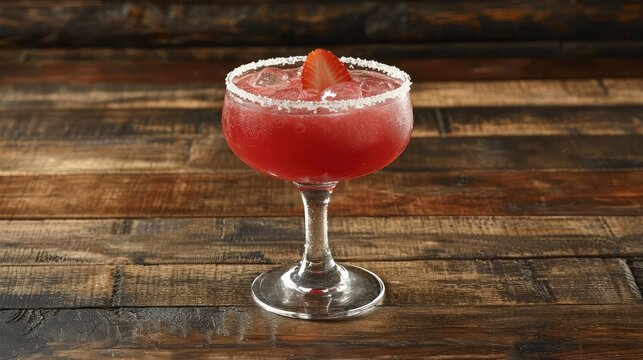 A refreshing strawberry margarita, with bright red strawberry syrup and a salted rim, served in a margarita glass with a rustic wooden background. - Powered by Adobe