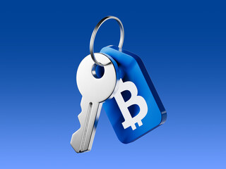 3D render icon of a key with a bitcoin symbol tag. Represents cryptocurrency security, private keys, digital wallets, blockchain access and crypto asset protection.