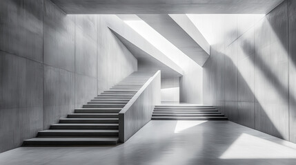 Obraz premium Modern Concrete Staircase Interior Design Minimalist Grey Architecture with Light and Shadow