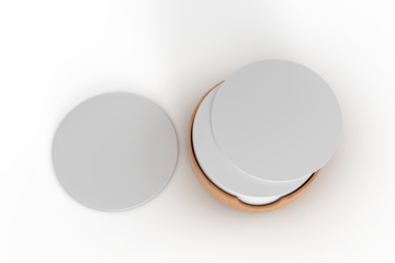 3D Round drink or beer coaster mockup with holder, isolated on background. Protection bierdeckel for beer glasses, bottle, can, cup holder. Empty bottle coaster lying template for beverage branding