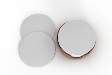 3D Round drink or beer coaster mockup with holder, isolated on background. Protection bierdeckel for beer glasses, bottle, can, cup holder. Empty bottle coaster lying template for beverage branding