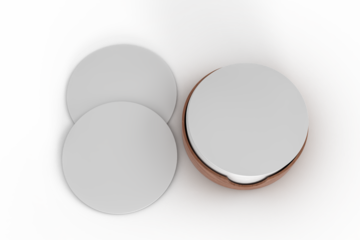 3D Round drink or beer coaster mockup with holder, isolated on background. Protection bierdeckel for beer glasses, bottle, can, cup holder. Empty bottle coaster lying template for beverage branding