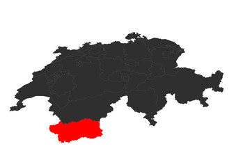 Obraz premium red colored vector silhouette of the location map of the canton of valais in the country of zwitzerland