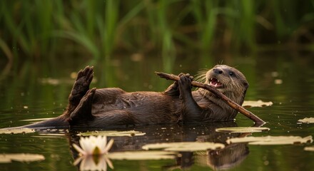 Playful otter floating on its back in serene water surrounded by lily pads and lush greenery enjoying a stick in a tranquil animal habitat
