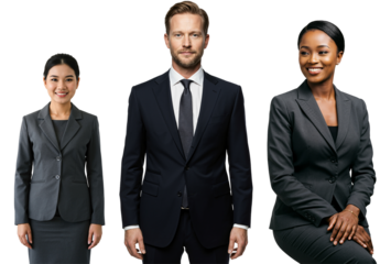 Three diverse business professionals, two women and one man, wearing suits against a transparent background, looking confident and successful.