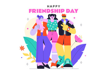 Happy Friendship Day Vector Illustration Featuring Young Boys and Girls Hugging Each Other or Putting Their Hands Together in a Flat Background
