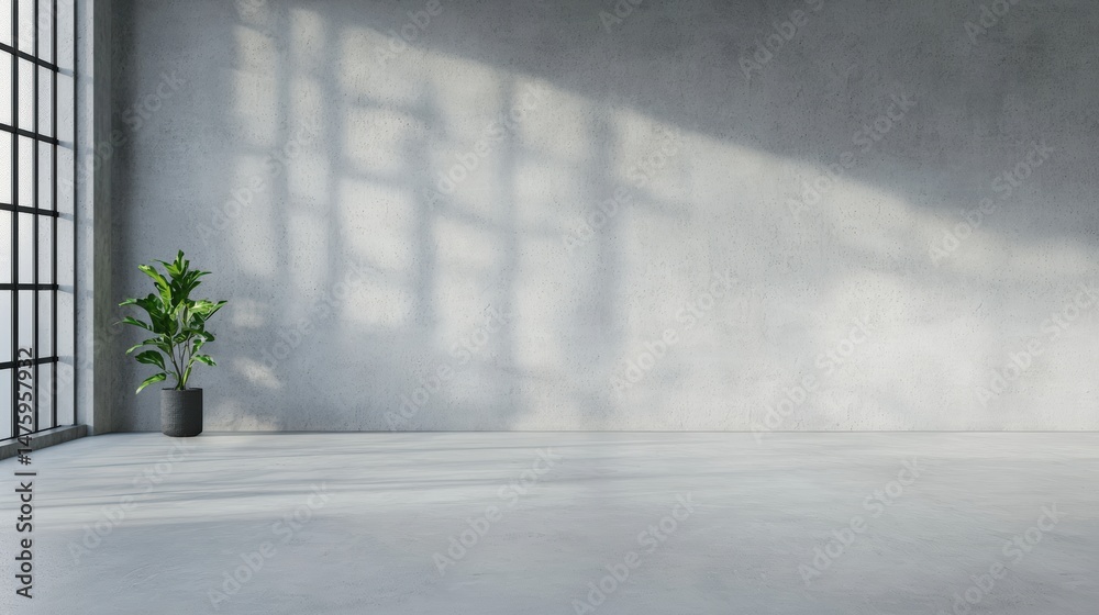Aufkleber minimalist empty room featuring a concrete wall, window with soft light casting shadows, and a potte